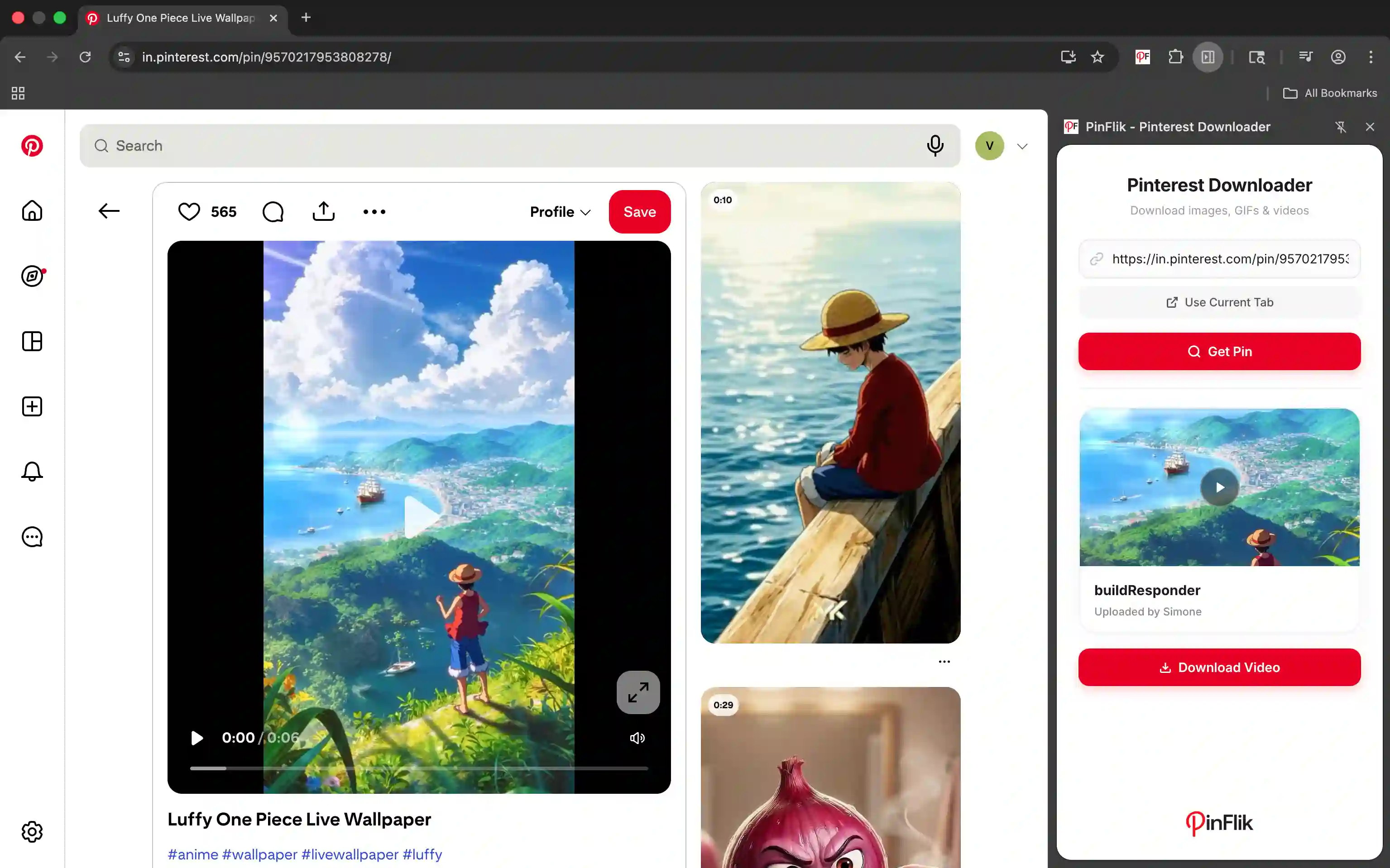 PinFlik Pinterest downloader Chrome extension interface
